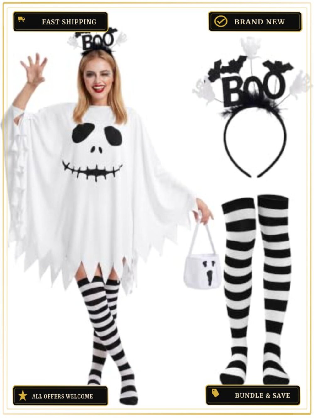 Halloween Ghost Poncho Costume Set Women Thigh High Socks Headband Candy Bag